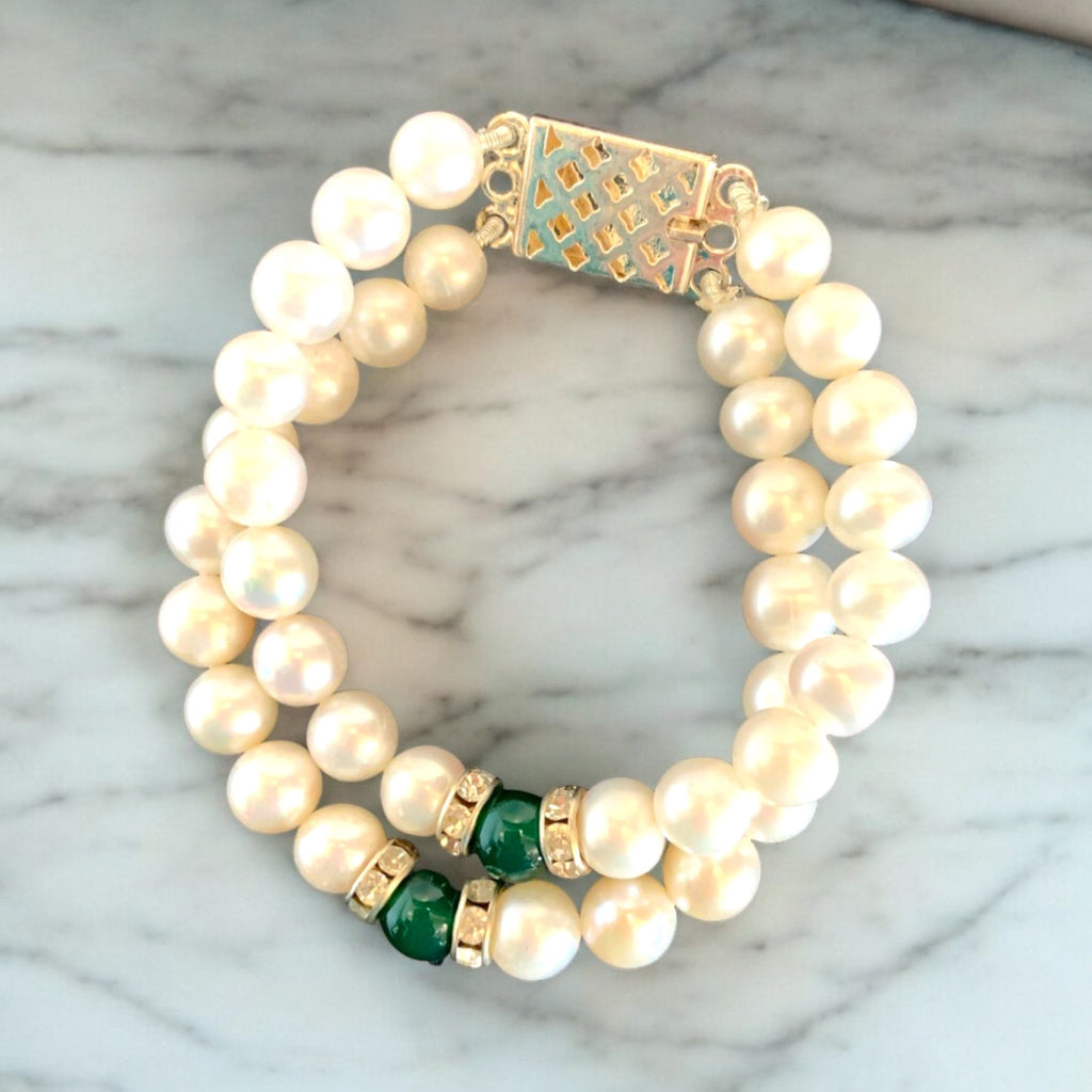 Pearl Double Strand With Green Onyx Gem